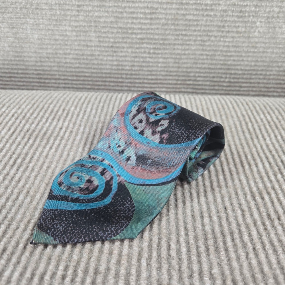 Oscar de la Renta Mens OS Teal Blue Abstract Swirl Silk Necktie